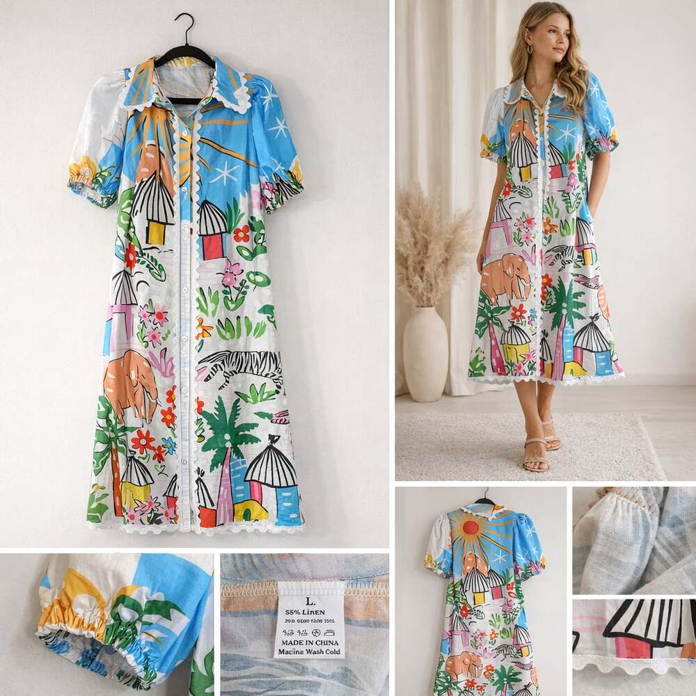 Boutique Safari Print Scalloped Linen Blend Midi Dress Size L